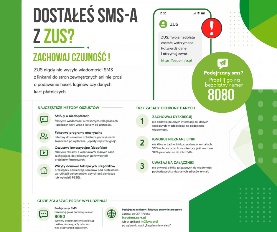 Dostałeś takiego SMS-a z ZUS? Natychmiast zgłoś go pod numer 8080!