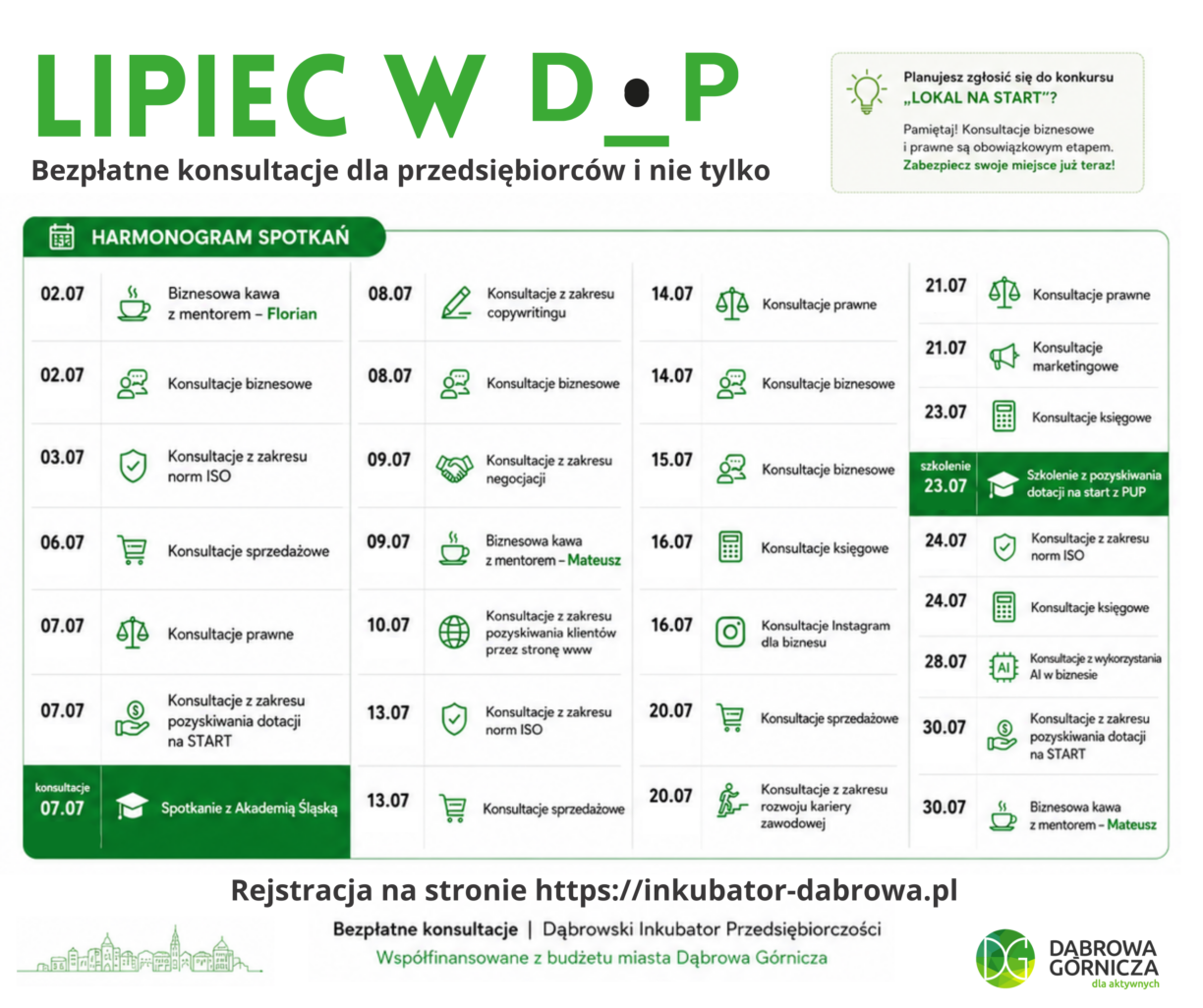 Lipiec w Dąbrowskim Inkubatorze Przedsiębiorczości to miesiąc pełen możliwości dla przedsiębiorców!
